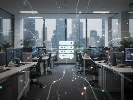 Abstrakte Darstellung von Netzwerkdatenflüssen in einem modernen Büro, symbolisiert digitale Konnektivität und Datenschutzfragen. - Foto: über boerse-global.de