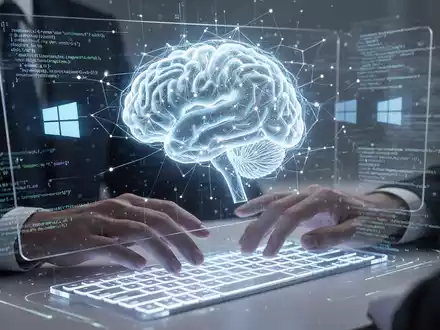 A futuristic holographic interface showing a neural network, code, and data, with hands interacting, symbolizing AI-driven 'vibe coding' for Windows. - Foto: über boerse-global.de
