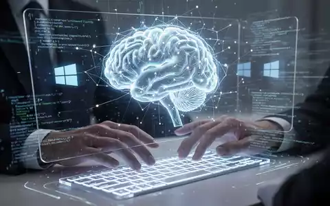A futuristic holographic interface showing a neural network, code, and data, with hands interacting, symbolizing AI-driven 'vibe coding' for Windows. - Foto: über boerse-global.de