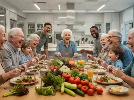 Eine vielfältige Gruppe von Menschen, darunter Senioren und Kinder, kocht und isst gemeinsam an einem Tisch. - Foto: über boerse-global.de