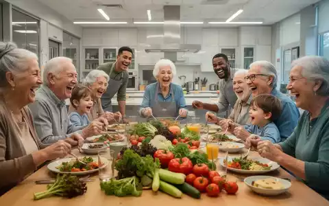 Eine vielfältige Gruppe von Menschen, darunter Senioren und Kinder, kocht und isst gemeinsam an einem Tisch. - Foto: über boerse-global.de