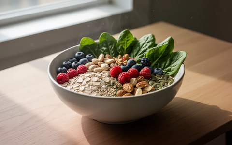 Eine appetitliche Schale mit Haferflocken, Beeren, Nüssen und grünem Blattgemüse, die Ballaststoffe symbolisieren. - Foto: über boerse-global.de