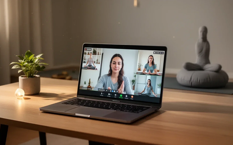 Ein Laptop zeigt ein Online-Seminar zu Ayurveda und Yoga in einer ruhigen, modernen Umgebung mit Pflanzen und einem Meditationskissen. - Foto: über boerse-global.de