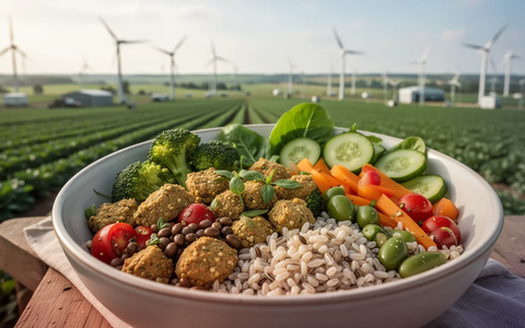 Nahaufnahme einer gesunden, pflanzlichen Mahlzeit in einer Schüssel, mit unscharfem Hintergrund einer innovativen Agrarlandschaft. - Foto: über boerse-global.de
