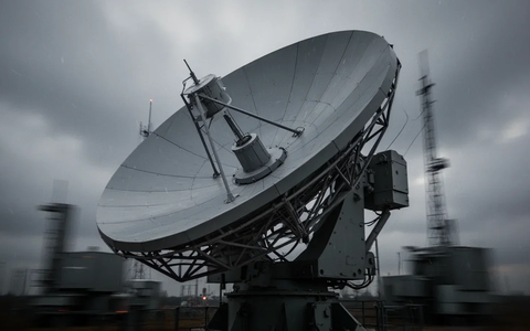 Eine Nahaufnahme einer modernen Radarantenne mit einem dramatischen, bewölkten Himmel im Hintergrund. - Foto: über boerse-global.de
