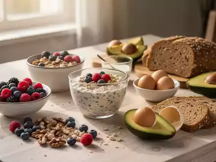 Ein reichhaltiges und gesundes Frühstück mit Haferflocken, Beeren, Nüssen, Eiern und Avocado auf einem Holztisch bei Morgenlicht. - Foto: über boerse-global.de