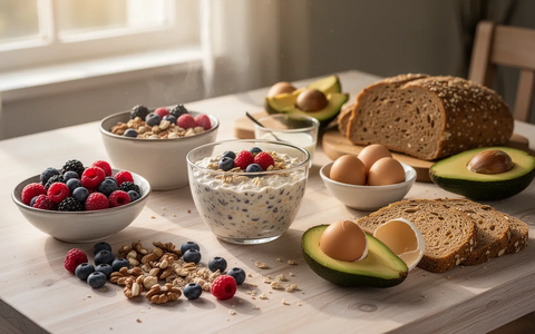 Ein reichhaltiges und gesundes Frühstück mit Haferflocken, Beeren, Nüssen, Eiern und Avocado auf einem Holztisch bei Morgenlicht. - Foto: über boerse-global.de