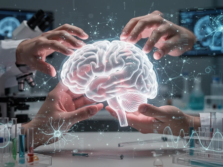Hände manipulieren ein leuchtendes Gehirnmodell, umgeben von digitalen Daten und neuronalen Mustern, symbolisiert kognitive Forschung. - Foto: über boerse-global.de