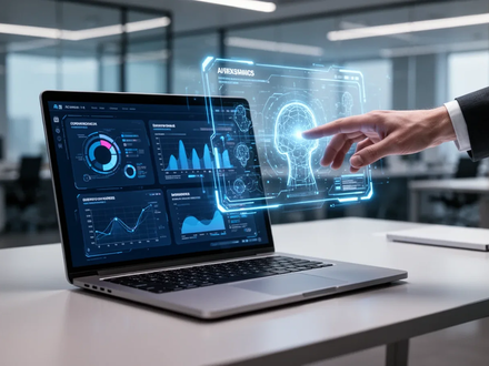 A futuristic desk with a laptop showing AI presentation software and a holographic projection, symbolizing efficiency and innovation in corporate communication. - Foto: über boerse-global.de