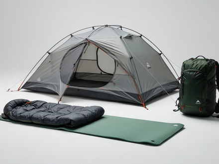 Eine Anordnung von minimalistischer Campingausrüstung für Festivals, einschließlich Zelt, Schlafsack, Isomatte und Rucksack. - Foto: über boerse-global.de
