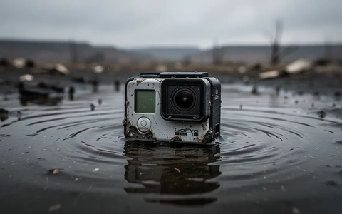 Eine GoPro-Kamera halb unter Wasser in dunklem Wasser, was auf finanzielle Schwierigkeiten hindeutet. - Foto: über boerse-global.de