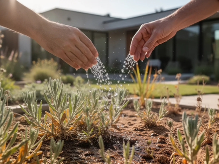 Eine Hand gießt widerstandsfähige Pflanzen in einem sonnigen Garten, mit Wassertropfen und einem nachhaltigen Hausgarten im Hintergrund. - Foto: über boerse-global.de