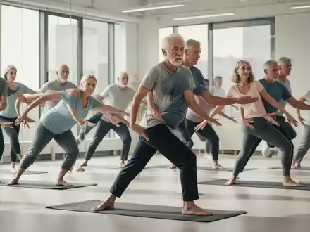 Eine vielfältige Gruppe von Männern und Frauen über 40 führt Hüftmobilitätsübungen in einem hellen Studio aus. - Foto: über boerse-global.de