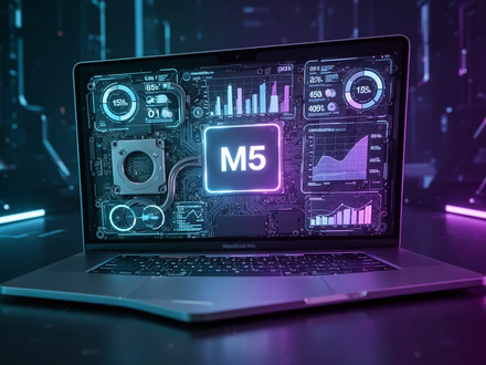 Apple MacBook Pro with an M5 chip, surrounded by digital performance data and futuristic blue and purple lighting. - Foto: über boerse-global.de