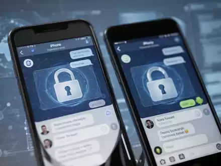 Close-up of an iPhone and an Android phone displaying a chat interface with a padlock icon, symbolizing encrypted messaging. - Foto: über boerse-global.de