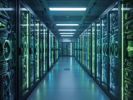 Futuristischer Serverraum mit leuchtenden Nvidia-GPU-Racks und Samsung-Branding, der enorme Rechenleistung symbolisiert. - Foto: über boerse-global.de
