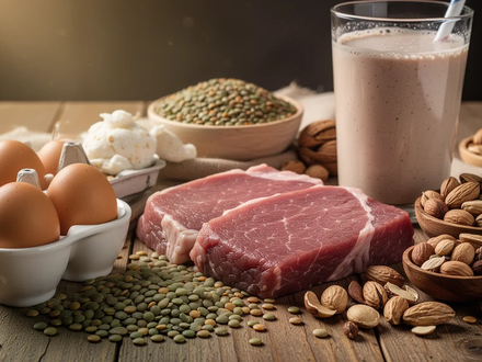 Nahaufnahme verschiedener proteinreicher Lebensmittel wie Eier, Fleisch, Linsen, Nüsse und ein Proteinshake, appetitlich angerichtet. - Foto: über boerse-global.de