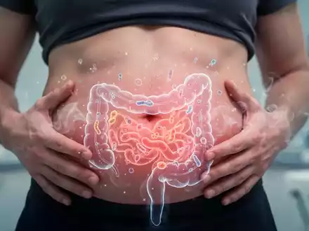 Nahaufnahme eines menschlichen Bauches mit abstrakten digitalen Visualisierungen, die Darmaktivität und Blähungen darstellen. - Foto: über boerse-global.de