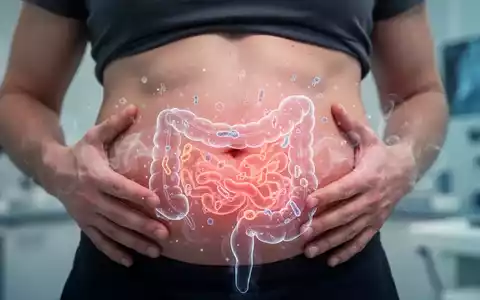 Nahaufnahme eines menschlichen Bauches mit abstrakten digitalen Visualisierungen, die Darmaktivität und Blähungen darstellen. - Foto: über boerse-global.de