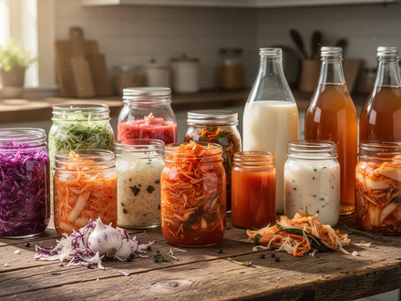 Eine Auswahl an fermentierten Lebensmitteln wie Sauerkraut, Kimchi und Kefir in Gläsern auf einem Holztisch. - Foto: über boerse-global.de