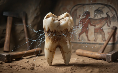 Nahaufnahme eines alten menschlichen Zahns, von dem mikroskopische DNA-Stränge ausgehen, im Vordergrund prähistorische Werkzeuge. - Foto: über boerse-global.de