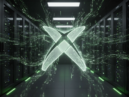 A glowing 'X' logo, representing Xbox, partially obscured by digital data streams, in a futuristic server room. - Foto: über boerse-global.de