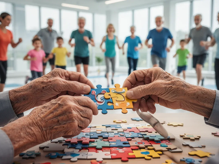 Ältere Hände lösen ein Puzzle, umgeben von verschwommenen Kindern und Erwachsenen, die sich in einem modernen Raum bewegen. - Foto: über boerse-global.de