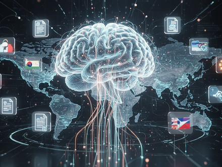 A glowing AI brain connects to a digital world map with data streams, symbolizing global localization and automation. - Foto: über boerse-global.de