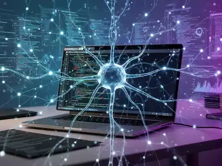 A glowing neural network overlaying a developer's desk with a laptop, symbolizing AI-powered PDF tools and data processing. - Foto: über boerse-global.de