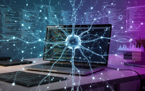 A glowing neural network overlaying a developer's desk with a laptop, symbolizing AI-powered PDF tools and data processing. - Foto: über boerse-global.de