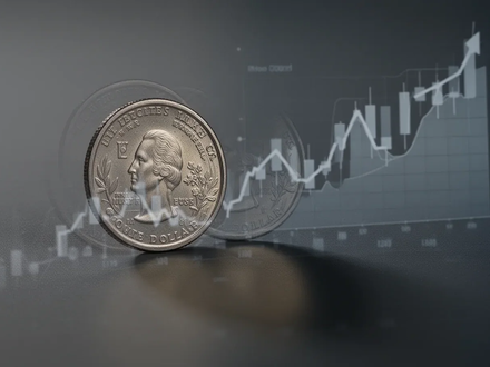 Eine einzelne US-Dollarmünze mit dem Schatten eines fallenden Aktienkurses auf einer dunklen Oberfläche. - Foto: über boerse-global.de