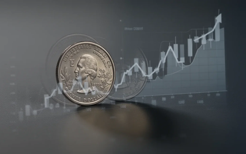Eine einzelne US-Dollarmünze mit dem Schatten eines fallenden Aktienkurses auf einer dunklen Oberfläche. - Foto: über boerse-global.de