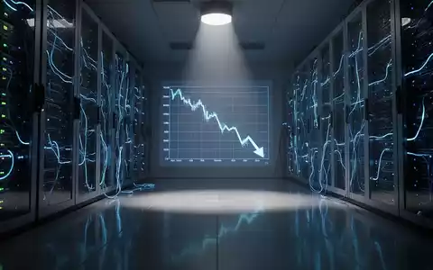 Ein dunkler Serverraum mit leuchtenden Datenleitungen und einem projizierten, stark fallenden Finanzchart auf einem Serverrack. - Foto: über boerse-global.de
