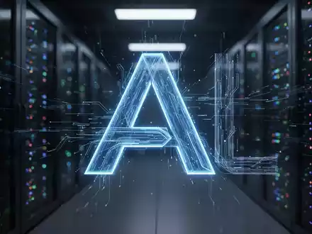 Stylized blue 'A' and 'L' composed of digital lines, representing Azure Linux, against a blurred server room backdrop. - Foto: über boerse-global.de