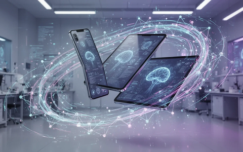 Ein futuristisches Smartphone und Tablet mit KI-Schnittstellen, umgeben von digitalen Datenströmen und neuronalen Netzwerken. - Foto: über boerse-global.de