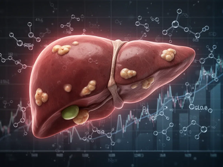 Eine stilisierte menschliche Leber mit feinen Fetteinlagerungen, umgeben von Glukosemolekülen und einem abstrakten Diagramm. - Foto: über boerse-global.de
