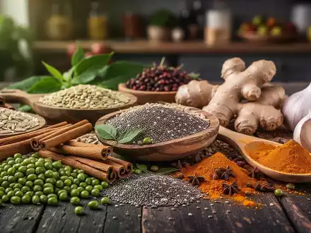 Eine Nahaufnahme von gesunden Lebensmitteln wie Mungobohnen, Chiasamen, Vollkornprodukten und Gewürzen auf einer Holzoberfläche. - Foto: über boerse-global.de