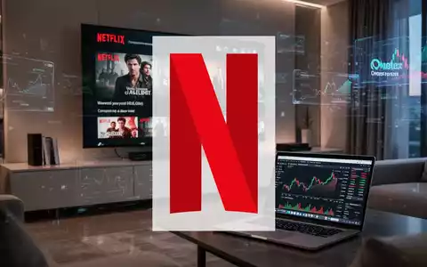 Ein modernes Wohnzimmer mit einem Fernseher, der Netflix anzeigt, einem Laptop mit Finanzdiagrammen und subtilen Werbeelementen. - Foto: über boerse-global.de