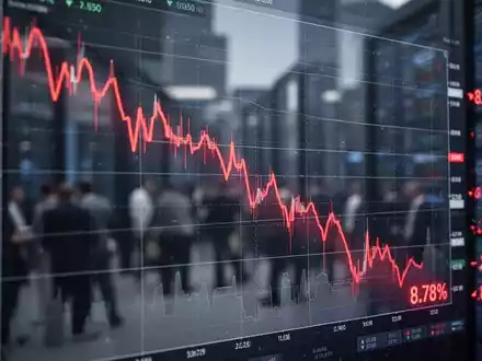 Nahaufnahme eines digitalen Börsendiagramms mit starkem Abwärtstrend und roten Zahlen, die eine 8,78%ige Korrektur zeigen. - Foto: über boerse-global.de