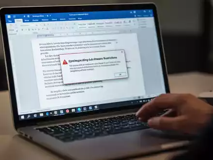 A laptop screen showing a Microsoft Word error message, with a hand reaching for a mouse. Illustrates software issues. - Foto: über boerse-global.de