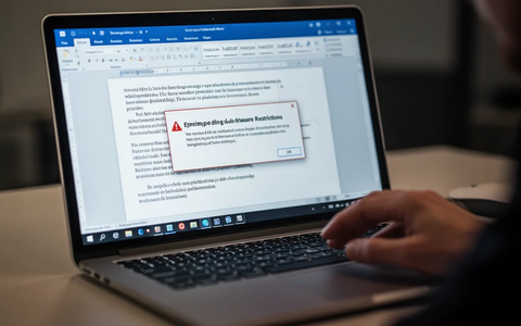 A laptop screen showing a Microsoft Word error message, with a hand reaching for a mouse. Illustrates software issues. - Foto: über boerse-global.de