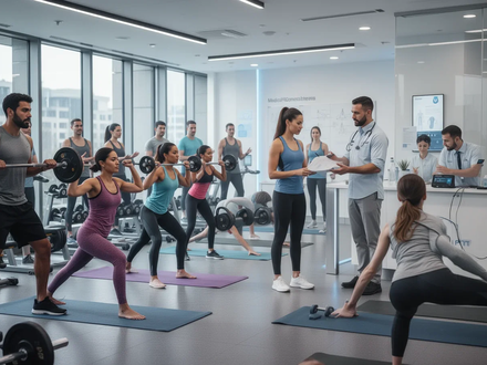 Menschen trainieren in einem modernen Fitnessstudio, einige mit Geräten, andere in Gruppenkursen. Ärzte beraten Kunden. - Foto: über boerse-global.de