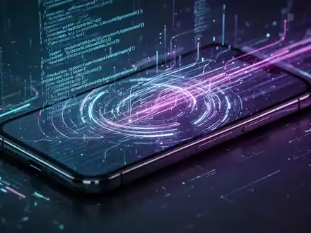 A futuristic smartphone screen showing abstract data streams and lines of code, representing AI and system intelligence updates. - Foto: über boerse-global.de