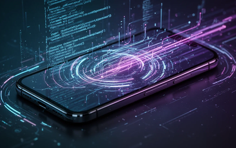 A futuristic smartphone screen showing abstract data streams and lines of code, representing AI and system intelligence updates. - Foto: über boerse-global.de