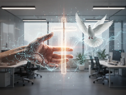 Eine Hand greift nach einer leuchtenden, abstrakten KI-Darstellung, die mit religiösen Symbolen verschmilzt, in einem modernen Büro. - Foto: über boerse-global.de