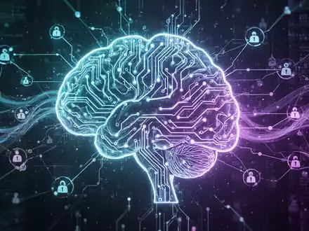 A glowing, abstract representation of a human brain made of interconnected digital circuits and data flows, symbolizing AI transformation. - Foto: über boerse-global.de