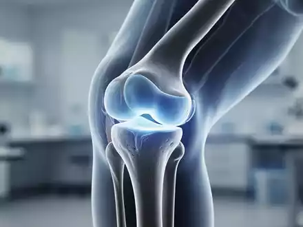 Ein detailliertes Bild eines menschlichen Kniegelenks, das Meniskus und Knorpel zeigt, mit einem blauen Leuchten, das Arthrose symbolisiert. - Foto: über boerse-global.de