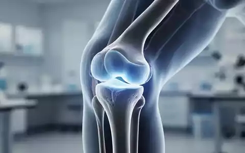 Ein detailliertes Bild eines menschlichen Kniegelenks, das Meniskus und Knorpel zeigt, mit einem blauen Leuchten, das Arthrose symbolisiert. - Foto: über boerse-global.de