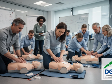Eine Gruppe von Erwachsenen übt Erste-Hilfe-Maßnahmen an Puppen in einem modernen Schulungsraum. Fokus auf praktische Ausbildung. - Foto: über boerse-global.de