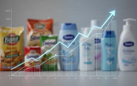 Ein stilisiertes Diagramm mit aufsteigenden Kursen vor einem unscharfen Hintergrund von Konsumgütern, das Wachstum und Stabilität darstellt. - Foto: über boerse-global.de